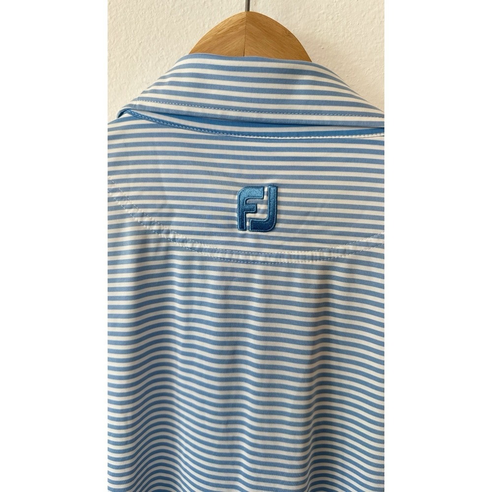 FootJoy Mens Golf Polo Shirt Blue White Striped Logo Stretch Short Sleeve L - Picture 3 of 5
